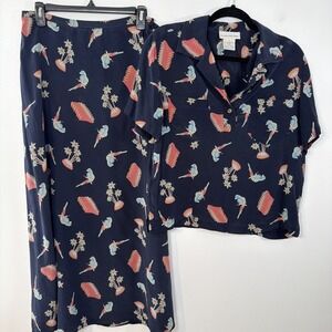 Evan Picone Silk Long Skirt Short Sleeve Shirt Set 10 Parrot Tropical Cruise